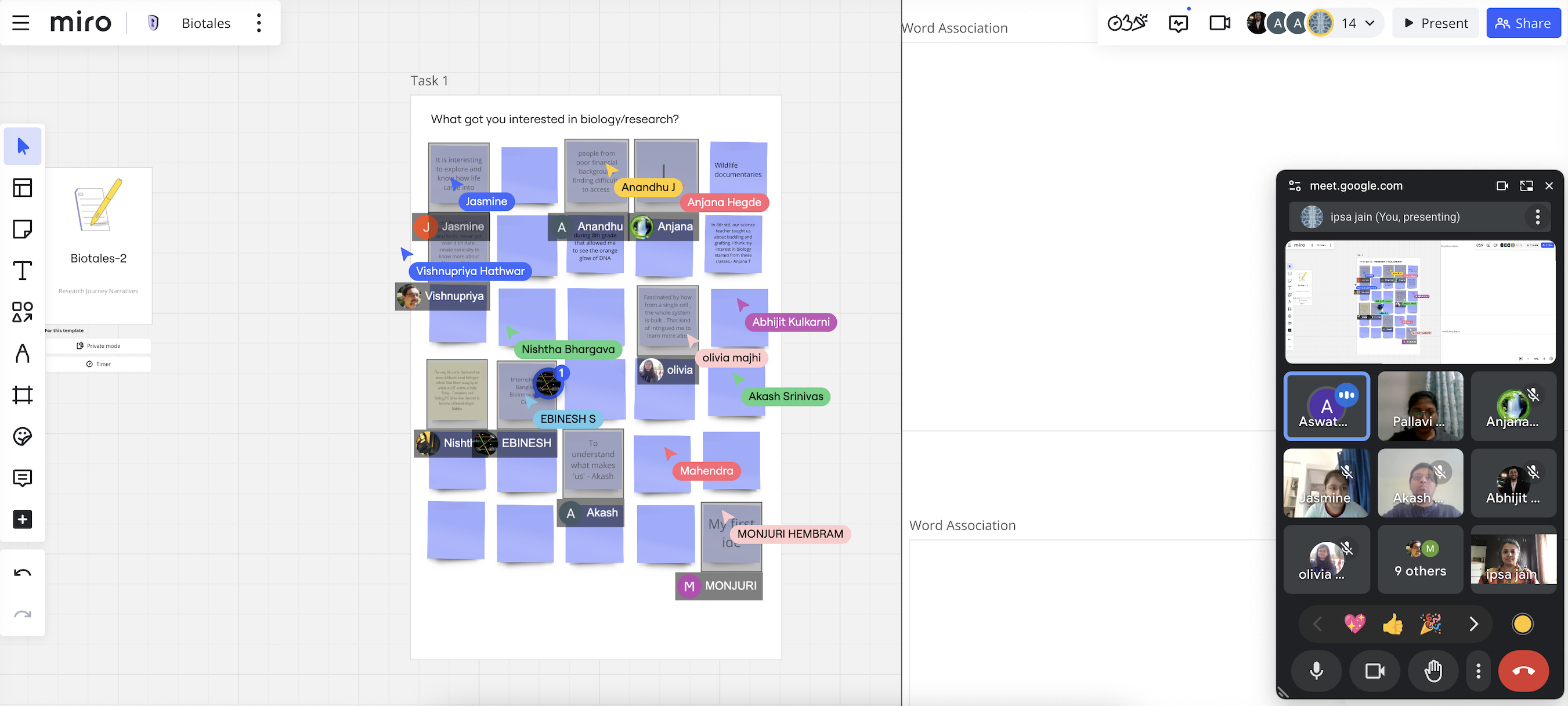 Screenshot from Biotales 2 workshop. Particpants interacting on Miroboard