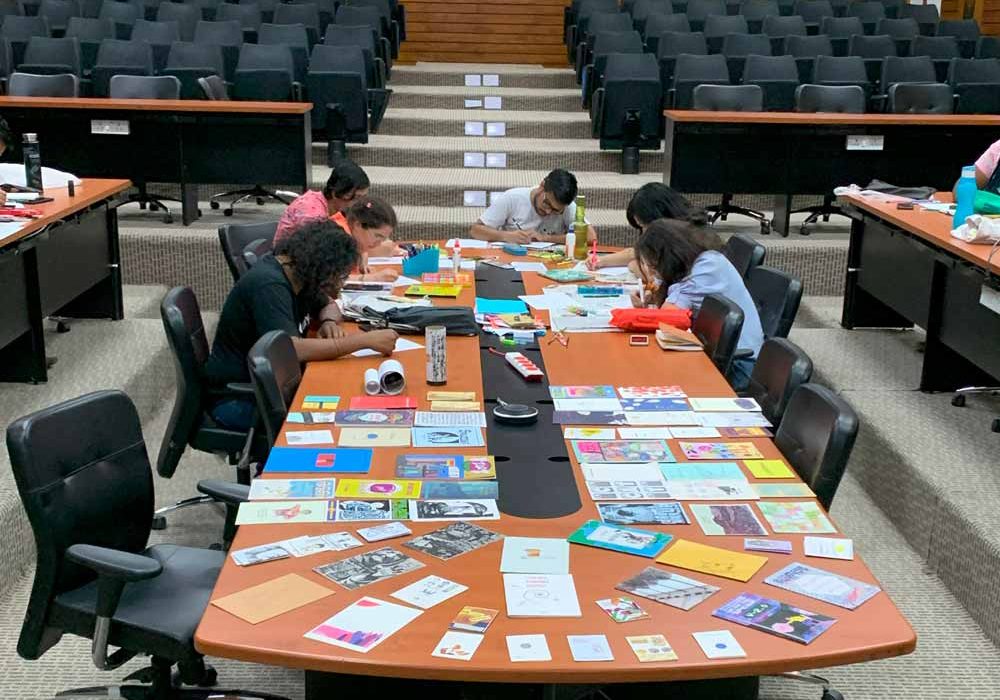 Zine display and particpants at workshop at TIFR, Hyderabad